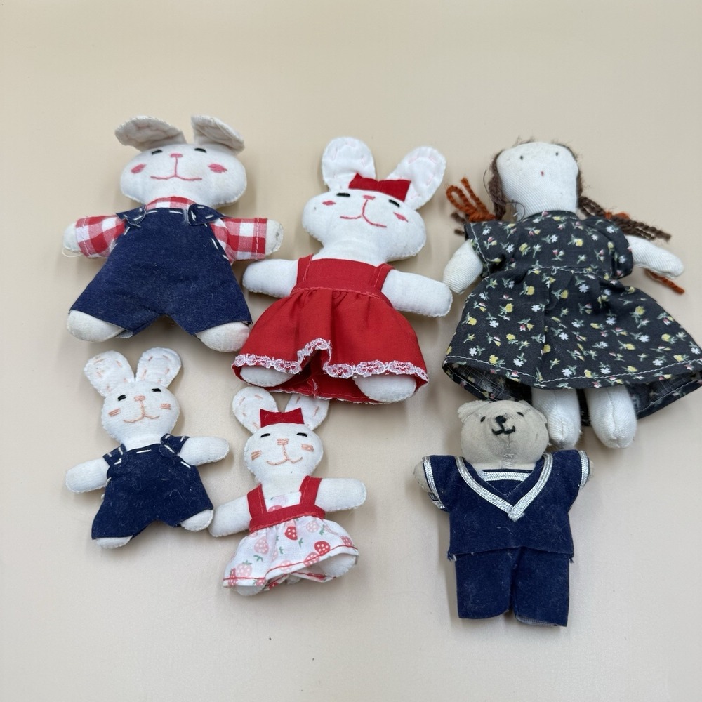Lot 6 Vintage Handmade Fabric Toys Bunny Bear Doll 1980s Primitive Retro Plush